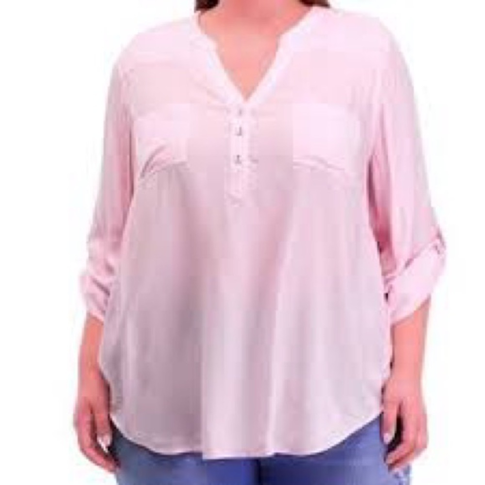 Philosophy Women’s Pink Tunic Blouse Size 1XL 3/4 Roll Tab Sleeves Button Henley